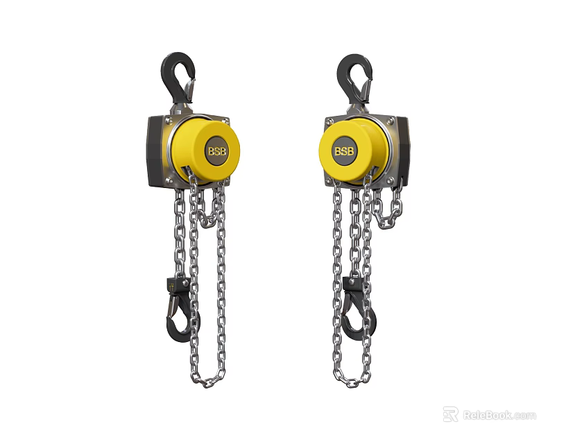 Two Yellow Industrial Manual Chain Hoists with Steel Chains and Hooks 3d model 