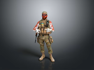 Man Standing in Camouflage Uniform With Tactical Gear Hat Mask and Weapon 3d model