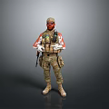Man Standing in Camouflage Uniform With Tactical Gear Hat Mask and Weapon