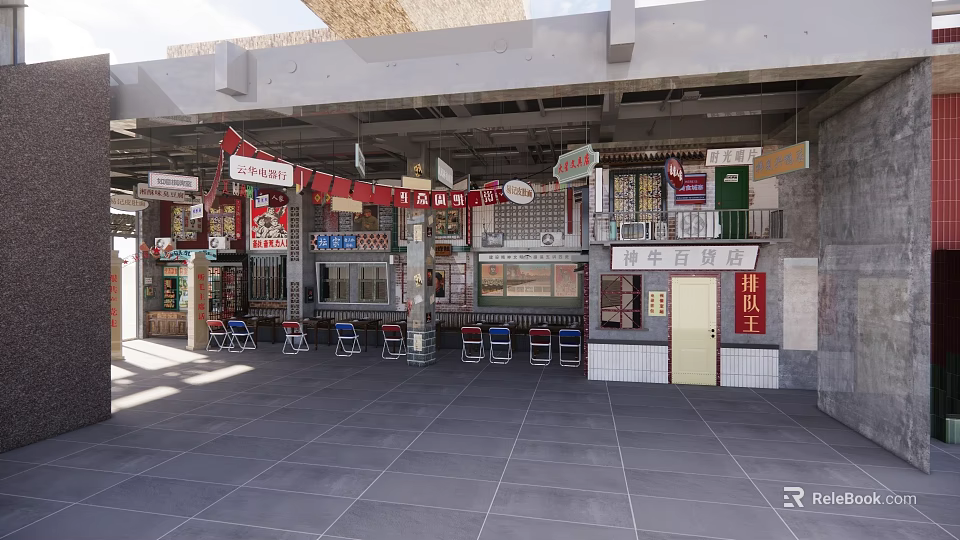 Outdoor Restaurant Dining Area With Hanging Signs Tables Chairs And Storefronts 3d model 
