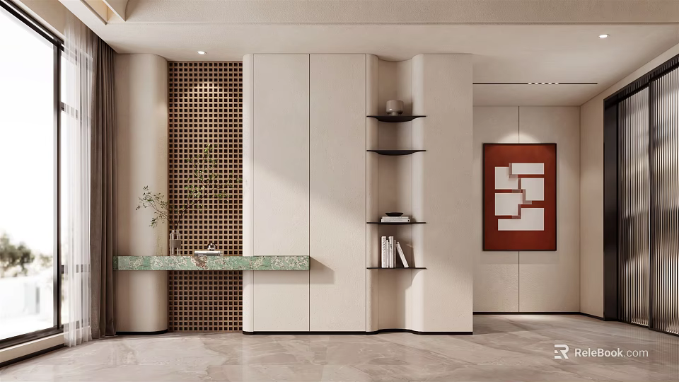 Modern Foyer Hallway Interior With Console Table Marble Top Decorative Shelves And Art Painting 3d model 