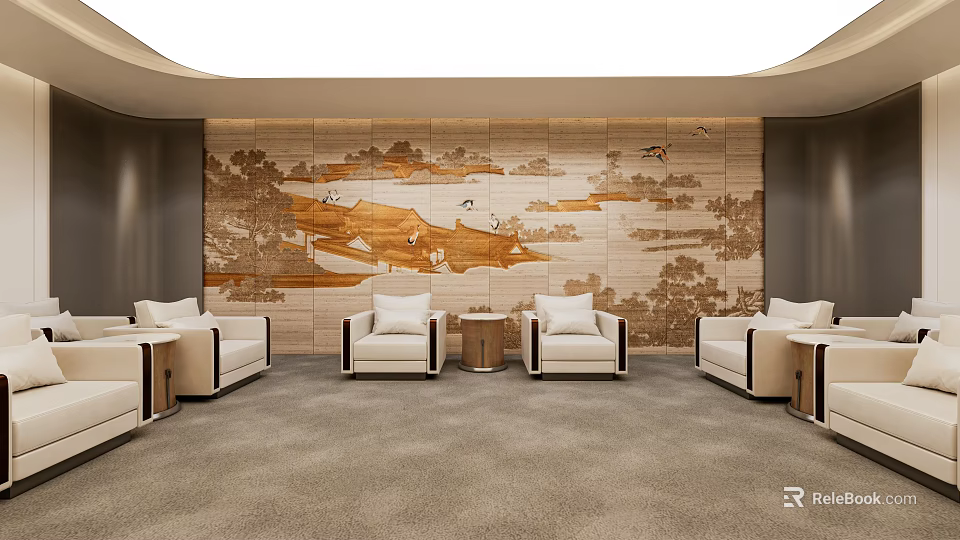 Modern Hotel Public Lounge Area Interior With Comfortable Sofas Artistic Wall And Soft Carpet 3d model 