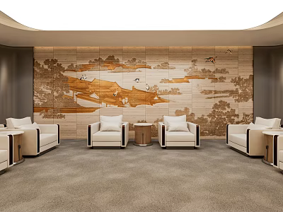 Modern Hotel Public Lounge Area Interior With Comfortable Sofas Artistic Wall And Soft Carpet 3d model