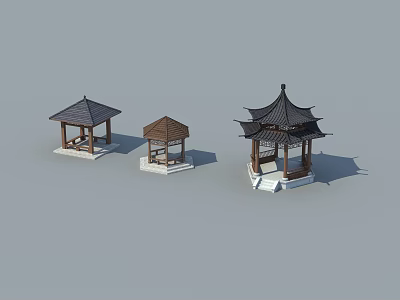 Three Traditional Chinese Pavilions With Different Roof Designs And 3d model