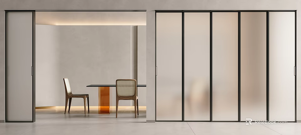Modern Interior Sliding Doors With Frosted Glass Black Frame Dining Area Table And Chairs 3d model 