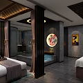 Relaxing SPA Sauna Interior With Stone Structure Spa Tub And Ambient Lighting