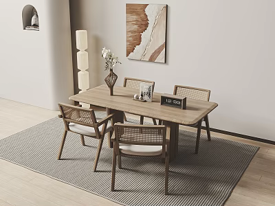 Modern Wooden Dining Table Set With Woven Chairs Vase Decor And Abstract Painting 3d model