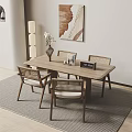 Modern Wooden Dining Table Set With Woven Chairs Vase Decor And Abstract Painting