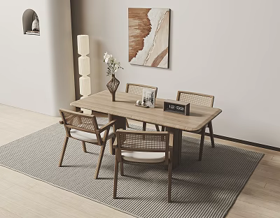 Modern Wooden Dining Table Set With Woven Chairs Vase Decor And Abstract Painting 3d model