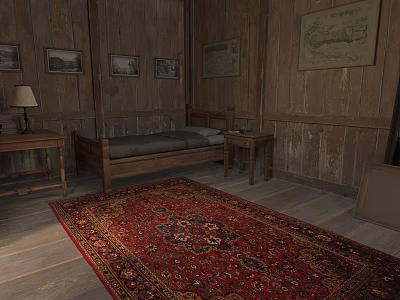 Rustic Bedroom Interior With Wooden Walls Bed Nightstands And Red Patterned Rug 3d model