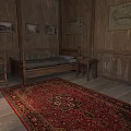 Rustic Bedroom Interior With Wooden Walls Bed Nightstands And Red Patterned Rug