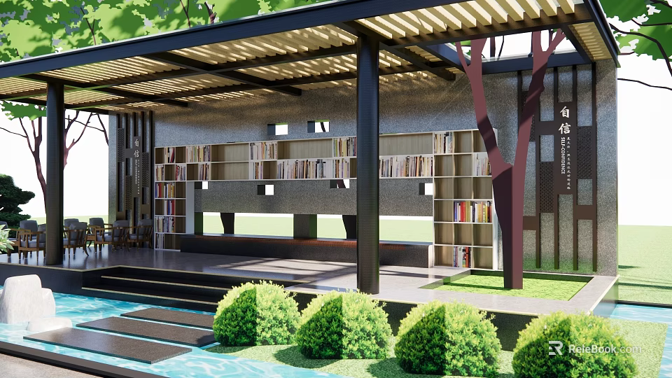 Outdoor Pergola With Bookshelves Filled With Books Stone Steps And Green Shrubs 3d model 
