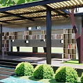 Outdoor Pergola With Bookshelves Filled With Books Stone Steps And Green Shrubs