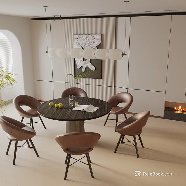 Round Dining Table with Brown Chairs Apples Glass Napkin Pendant Light Wall Art and Fireplace 3d model 