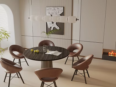Round Dining Table with Brown Chairs Apples Glass Napkin Pendant Light Wall Art and Fireplace 3d model