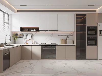 Modern Open Concept Kitchen Interior With White Cabinets Marble Island And Appliances 3d model