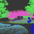 Modern Park Landscape with Child Holding Balloons Green Grass Trees and Silver Cylindrical Buildings