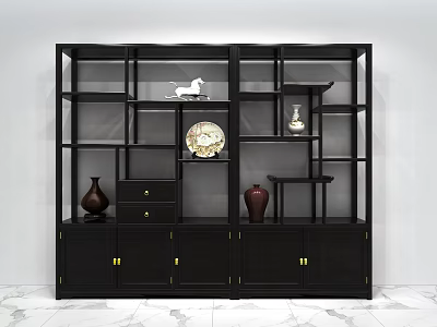 Black Chinese Antique Display Shelf With Drawers Cabinets And Decorative Items 3d model