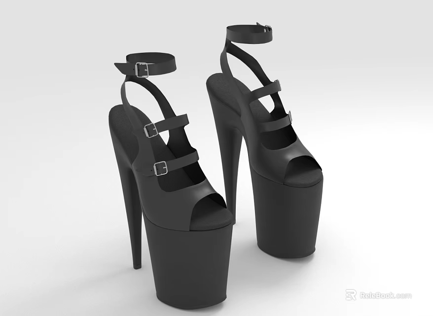 Black Strappy Platform High Heel Shoes With Buckle Straps And Open Toe Design 3d model 