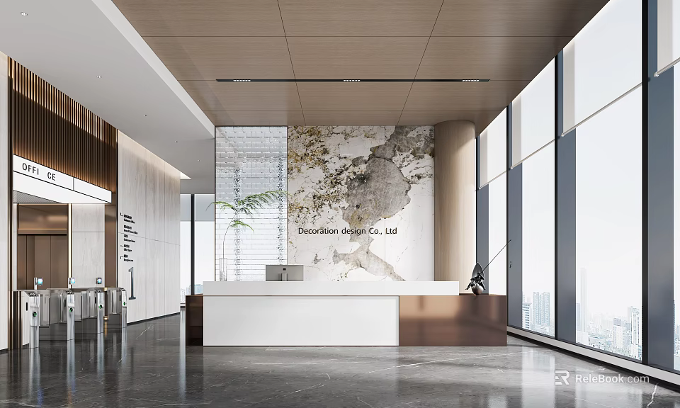 Modern Front Desk Reception Area With Sleek Desk Feature Wall And Large Windows 3d model