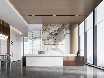 Modern Front Desk Reception Area With Sleek Desk Feature Wall And Large Windows 3d model