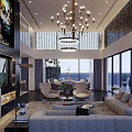 Modern Luxury Open Plan Living And Dining Room With Elegant Chandelier And Panoramic City Views