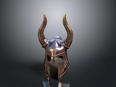 Ornate Horned Helmet With Golden Curved Horns And Silver Metallic Surface 3d model