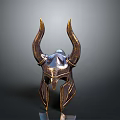 Ornate Horned Helmet With Golden Curved Horns And Silver Metallic Surface