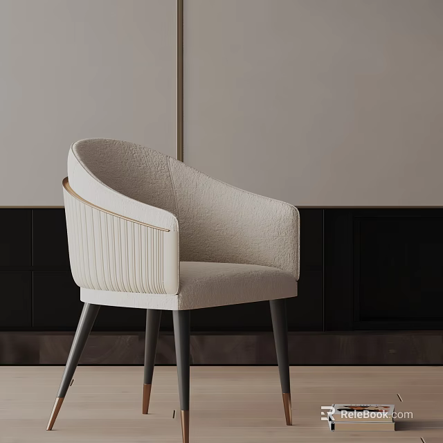 Upholstered Modern Dining Chair In Beige Textured Fabric With Curved Armrest And Dark Wooden Legs 3d model 