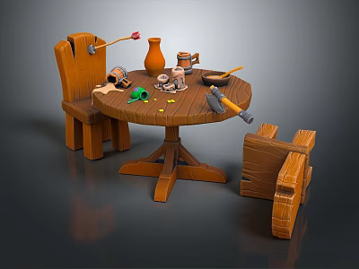 Rustic Wooden Dining Table Set with Round Table Handmade Chairs and Tools Items on Top 3d model