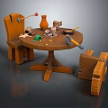 Rustic Wooden Dining Table Set with Round Table Handmade Chairs and Tools Items on Top 3d model