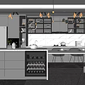 Modern Restaurant Open Kitchen Area With Island Counter Dining Table Pendant Lights And Gray Cabinets