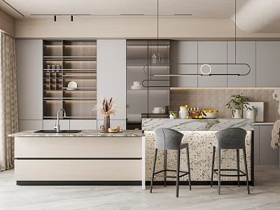 Modern Restaurant Open Kitchen Interior With Marble Island Counter Cabinets And Bar Stools 3d model