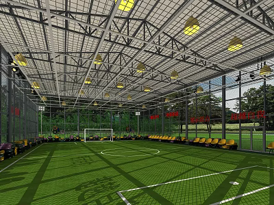Indoor Football Field With Green Turf Goal Post Yellow Seats Metal Roof And Ceiling Lights 3d model