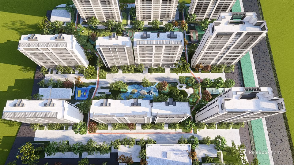 Modern Residential Landscape With High Rise Apartments Lush Green Gardens And Water Features 3d model 
