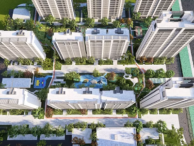 Modern Residential Landscape With High Rise Apartments Lush Green Gardens And Water Features 3d model