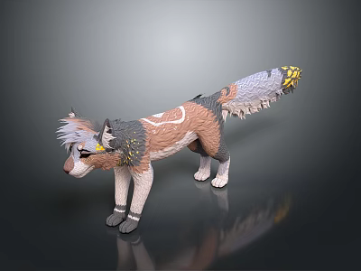 3D Fantasy Fox Character Creature with Gray White Fur Yellow Tail Tip and Body Markings 3d model