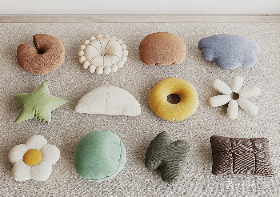 Various Shaped Colorful Plush Pillows with Donut Flower Star Cloud Designs for Home Decor 3d model 