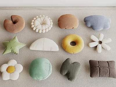 Various Shaped Colorful Plush Pillows with Donut Flower Star Cloud Designs for Home Decor 3d model