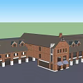Brick Commercial Street With Multiple Shops Gabled Roofs And Storefront Awnings