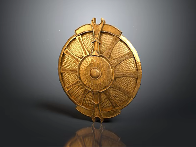 Ancient Golden Shield with Intricate Carvings Detailed Structure as Historical Defensive Weapon 3d model