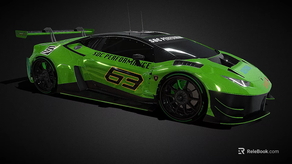 Green SIC Performance Race Car With Number 63 Aerodynamic Rear Wing And Sporty Wheels 3d model 