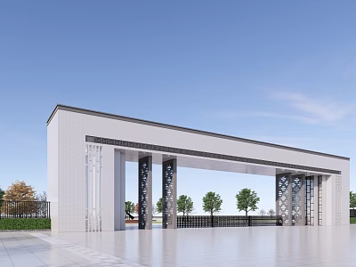 Modern School Gate Building With White Exterior Multiple Columns Spacious Plaza And Surrounding Trees 3d model