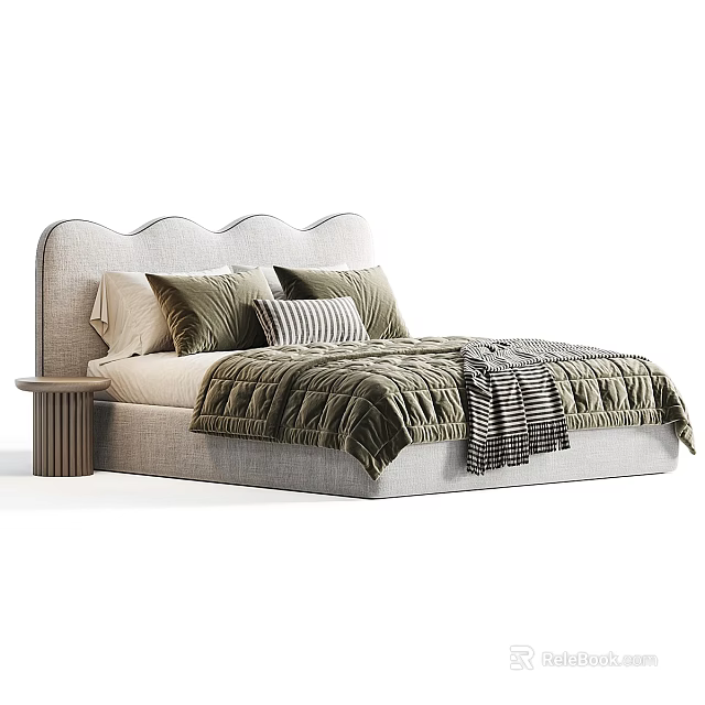Double Bed with Scalloped Headboard Light Mattress Beige Green Pillows Striped Blanket Small Side Table 3d model 