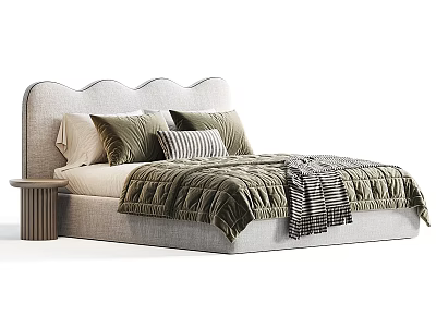 Double Bed with Scalloped Headboard Light Mattress Beige Green Pillows Striped Blanket Small Side Table 3d model