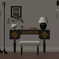 Black Dresser With Yellow Patterns Drawers Lamp Vase Green Plant Books And White Padded Stool