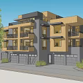 Modern Single Family Home Exterior Design With Wooden Gray Facade Balconies Garage And Greenery