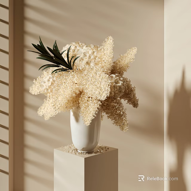 Light Beige Hydrangea Flowers In White Vase On Pedestal With Soft Window Blind Shadows 3d model 