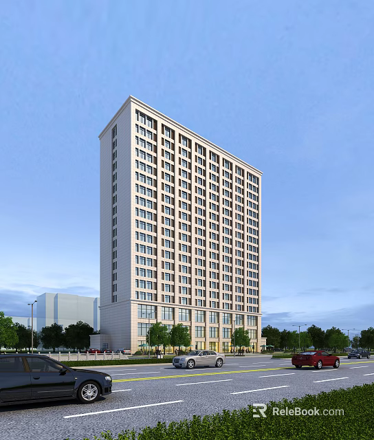 Modern High Rise Office Building Exterior With Glass Windows And Surrounding Trees 3d model 
