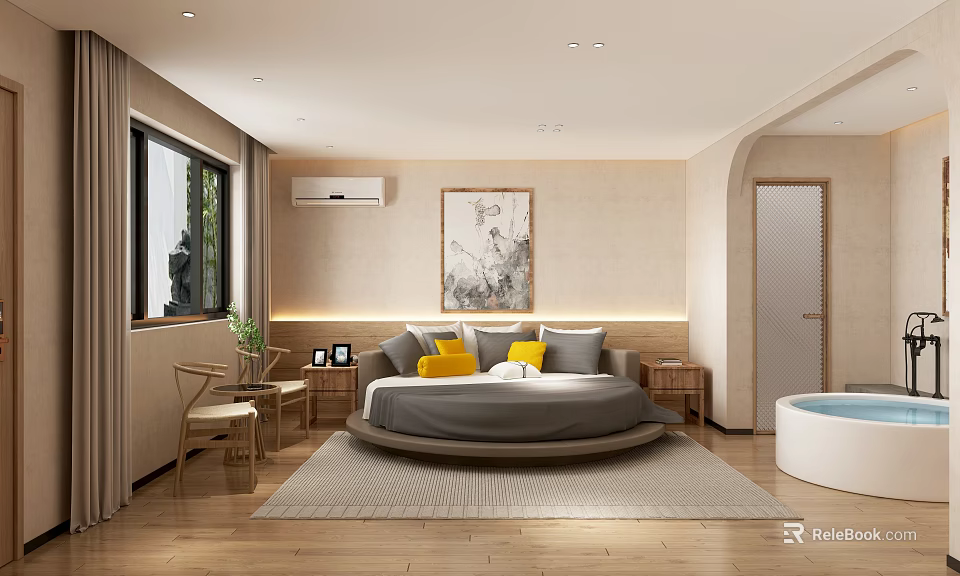 Modern Hotel Guest Room With Round Bed Gray Yellow Pillows Wooden Floor And White Bathtub 3d model 